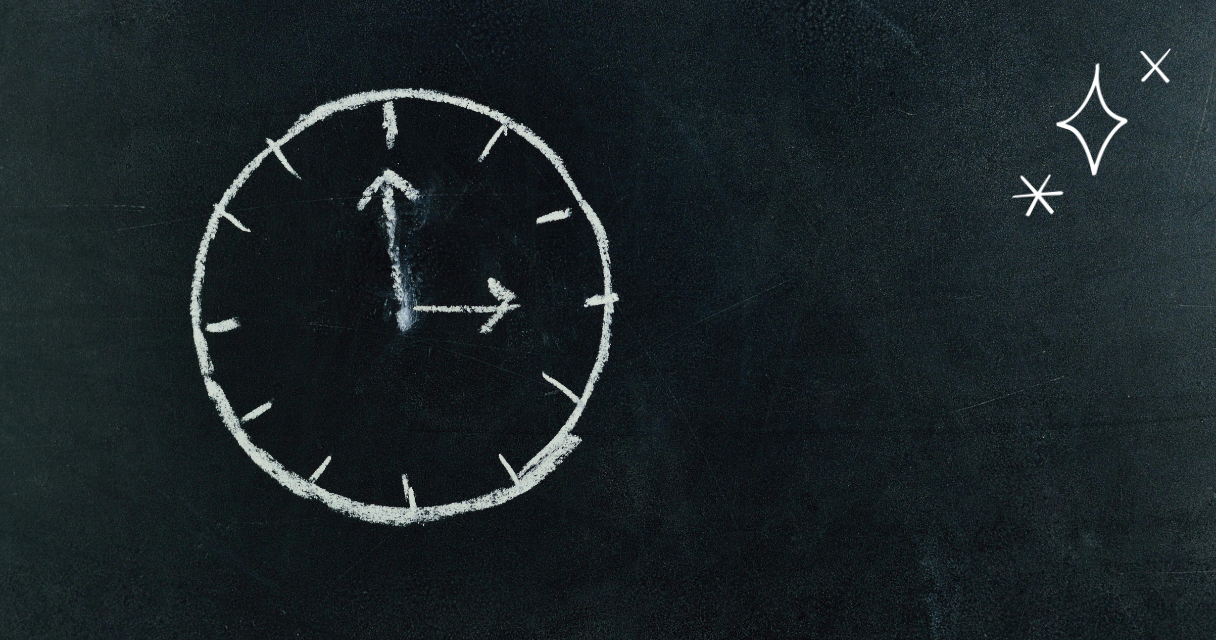A chalk-drawn clock with simple hour and minute hands displayed on a dark chalkboard background, accompanied by small star-like sparkles in the top right corner, symbolizing time management and clarity to design your budget